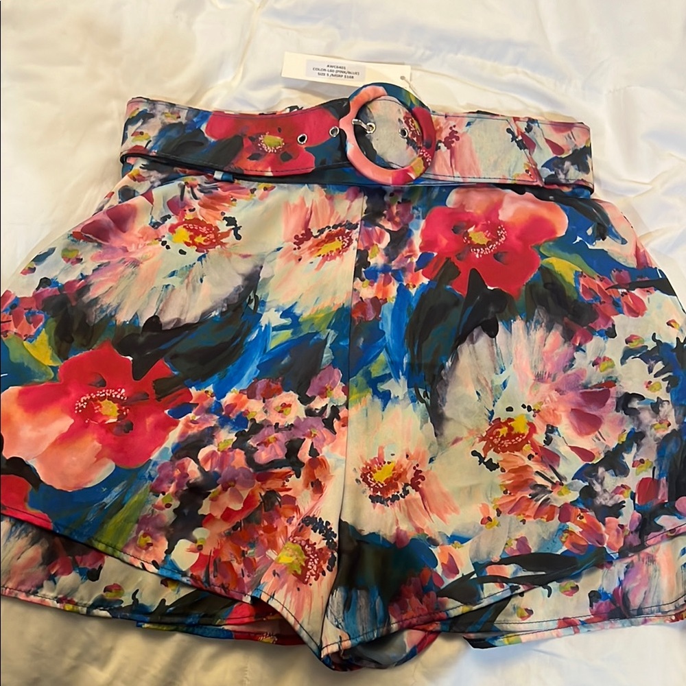 High Waist Red and Pink Floral Shorts with Belt